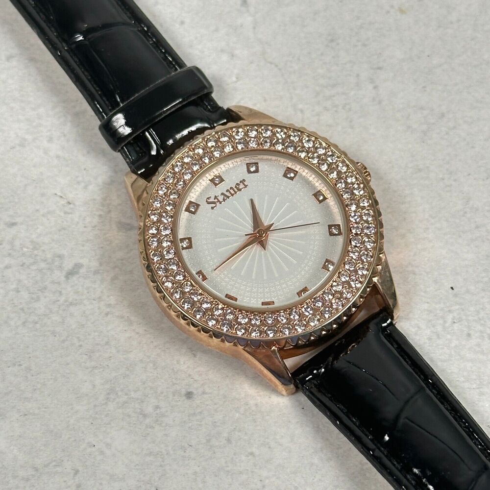 Stauer Watch Womens 38mm Pave Crystal Bezel Gold Tone Black Band New Battery